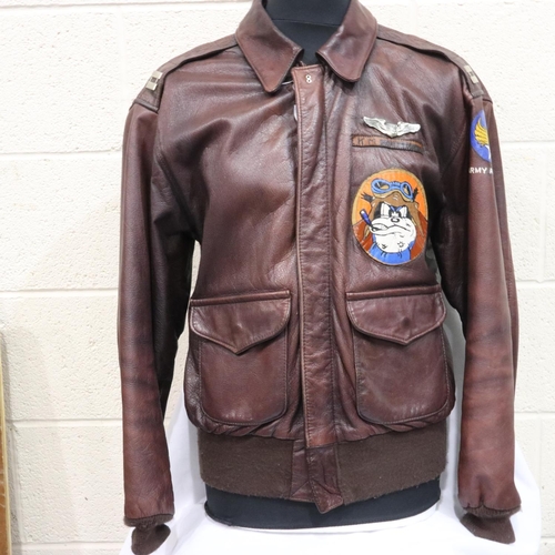 2303 - USAAF WWII style leather flying jacket model A-2, painted with decals and nose-art of Laden Maiden, ... 