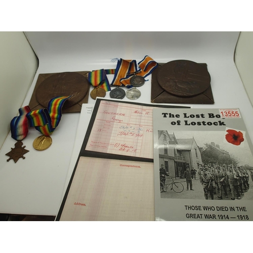 2458 - British WWI local family medal group, comprising 15526 Pte George Southern Cheshire Regiment medal p... 