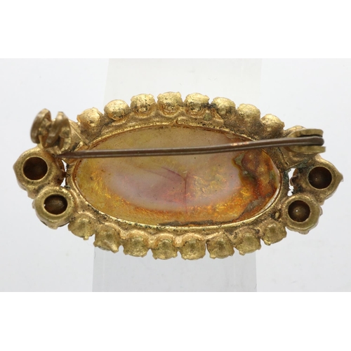 19 - Yellow metal brooch set with large opal and cubic zirconia, L: 40 mm. UK P&P Group 1 (£16+VAT for th... 