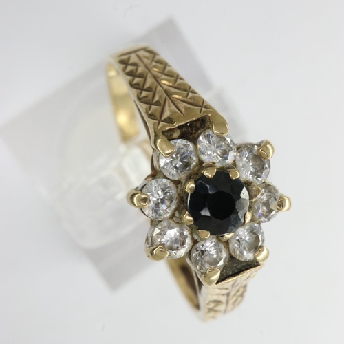 35 - 9ct gold cluster ring set with sapphire and cubic zirconia, size N/O, 2.1g. UK P&P Group 0 (£6+VAT f... 