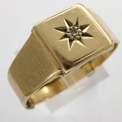 54 - 9ct gold signet ring set with a diamond, size V, 4.7g. UK P&P Group 1 (£16+VAT for the first lot and... 