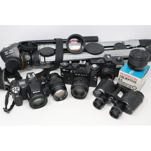 412 - Mixed camera lot including Nikon & Zenit cameras, lenses and heavy duty Bilora tripod. UK P&P Group ... 