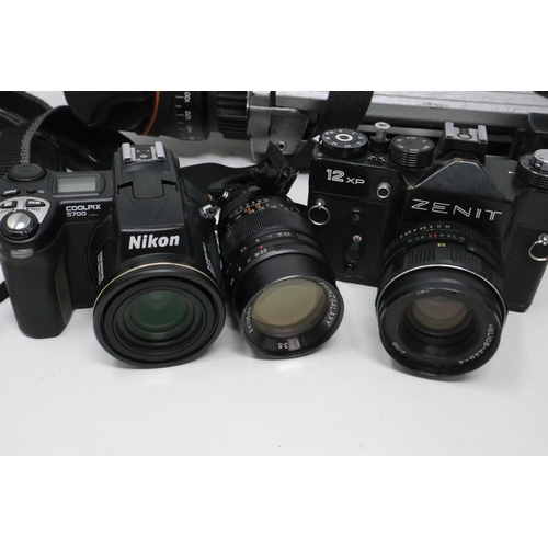 412 - Mixed camera lot including Nikon & Zenit cameras, lenses and heavy duty Bilora tripod. UK P&P Group ... 