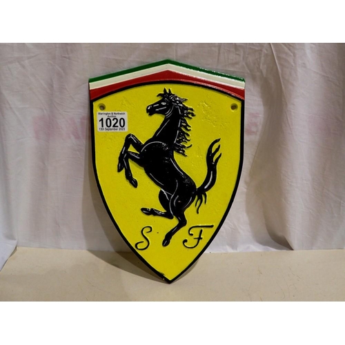 1020 - Cast iron Ferrari sign, H: 30 cm. UK P&P Group 1 (£16+VAT for the first lot and £2+VAT for subsequen... 