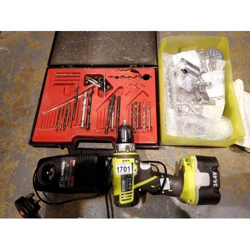 1701 - Ryobi drill, drill bits and other tools. All electrical items in this lot have been PAT tested for s... 