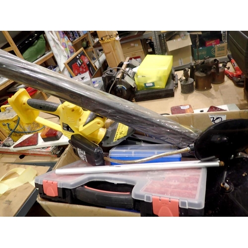 1856 - Tools including drain rods, cordless hedge trimmer (body only), socket set, wood plane and a box of ... 