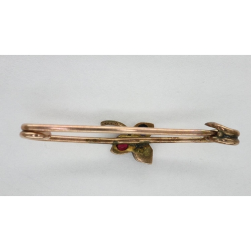 14 - Victorian 9ct gold brooch set with seed pearl and blue and pink tourmaline, one stone loose,. L: 35 ... 