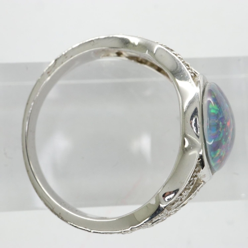 42 - 925 silver ring set with an Australian opal and cubic zirconia, size T, 6g. UK P&P Group 0 (£6+VAT f... 