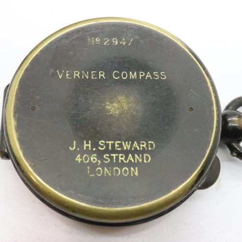 54 - WWI period Verner compass by J. H. Stewart No 2947, case named to Capt A. H. Hatton. UK P&P Group 1 ... 