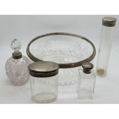 66 - Four hallmarked silver topped glass jars, scent bottle and a large bowl (6), London assay, bowl D: 2... 