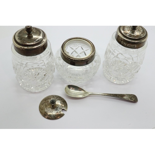 77 - Three piece hallmarked silver topped glass cruet, Birmingham assay. UK P&P Group 1 (£16+VAT for the ... 