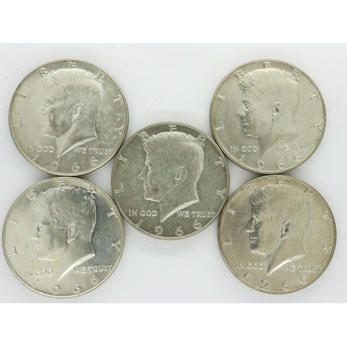 112 - Five 1966 American Kennedy silver half dollars. UK P&P Group 1 (£16+VAT for the first lot and £2+VAT... 