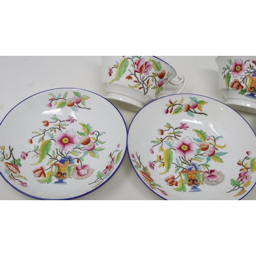 144 - Three early English hand painted tea cups with bowl saucers, slight scrapes to rims. UK P&P Group 2 ... 