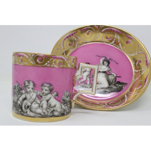 151 - Continental coffee can and saucer with cherub decoration, slight wear to gilt. UK P&P Group 1 (£16+V... 