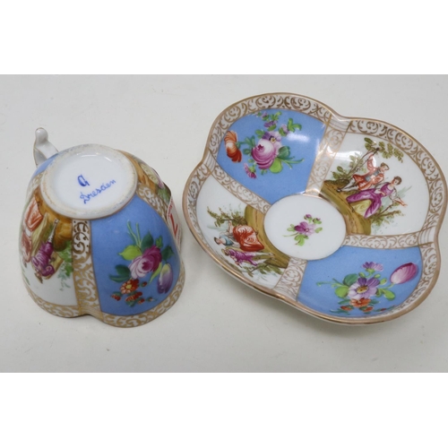 172 - Dresden Helena Wolfsohn lobed teacup and saucer, small scrape under handle. UK P&P Group 1 (£16+VAT ... 