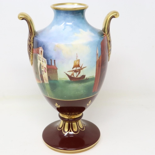 175 - Caverswall China hand painted twin handled urn of The Rialto Bridge Venice, by R.A Shottlebotham, li... 