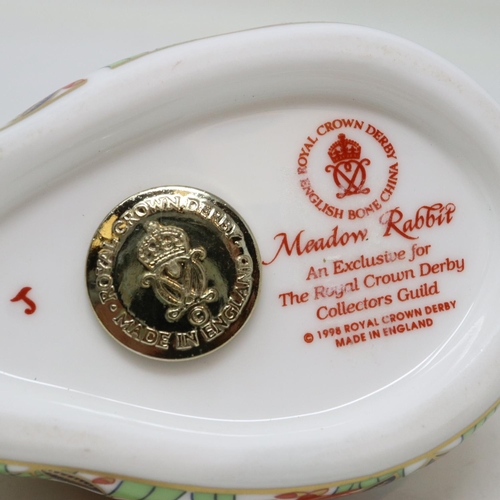 180 - Boxed Royal Crown Derby Meadow Rabbit paperweight with gold stopper, no cracks or chips, H: 90 mm. U... 