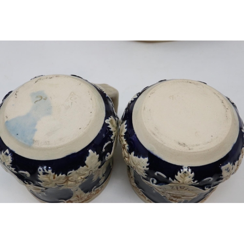 184 - German ceramic twin handled Rumtopf and six cups, 5ltr capacity, 1950-1960's, crazing throughout, la... 