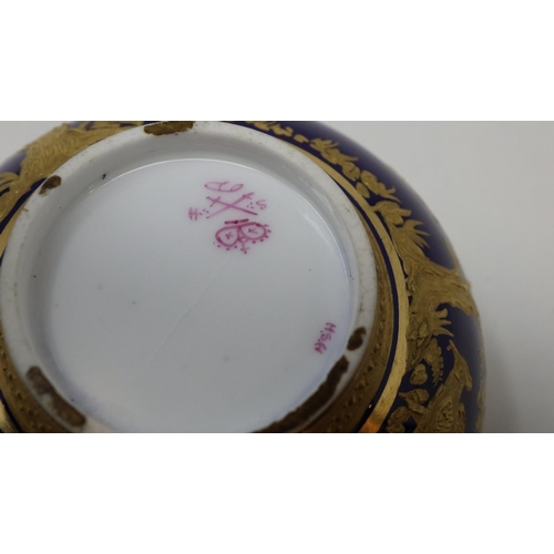 187 - Early Royal Crown Derby heavily gilded teacup and saucer, hairline crack to saucer. UK P&P Group 1 (... 