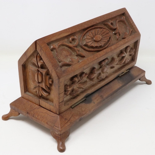 238 - Carved oak desk box containing two glass jars, 21 x 12 x 14 cm. UK P&P Group 3 (£30+VAT for the firs... 