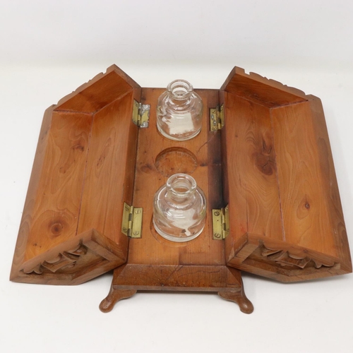 238 - Carved oak desk box containing two glass jars, 21 x 12 x 14 cm. UK P&P Group 3 (£30+VAT for the firs... 