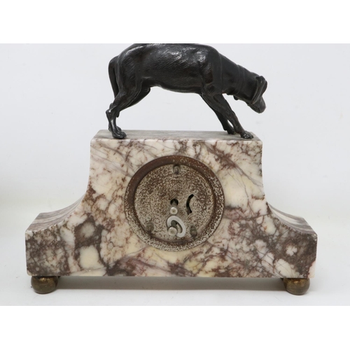 267 - Marble mantel clock with cold painted bronze dog finial, H: 19 cm, working at lotting. UK P&P Group ... 