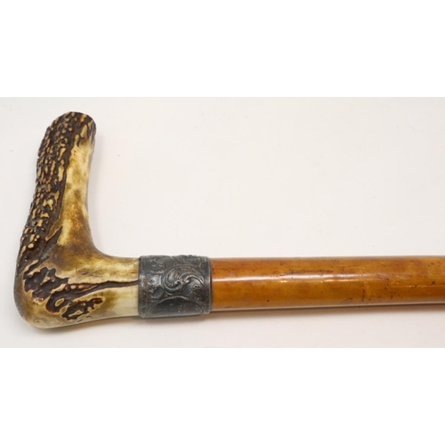 289 - Bone handled walking cane with white metal mount inscribed T.E. UK P&P Group 3 (£30+VAT for the firs... 