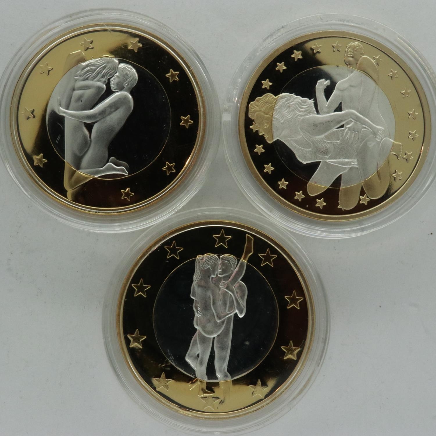 Three fantasy Euro coins, sex positions. UK P&P Group 1 (£16+VAT for the  first lot and £2+VAT for su