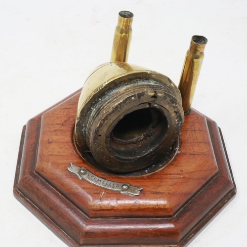 2092 - WWI INERT German shell fuse ink pot with bullet pen holders with silver engraved plaque Fromelles 8t... 