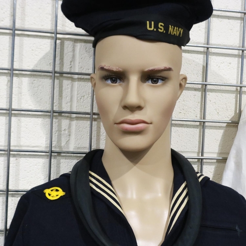 2176 - American post-war US Navy uniform, comprising jumper, trousers and cap, with further naval shirts. U... 