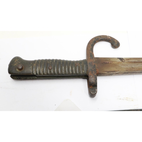 2193 - A French 19th century chassepot sword bayonet with metal scabbard and hooked quillon, dated 1868. UK... 