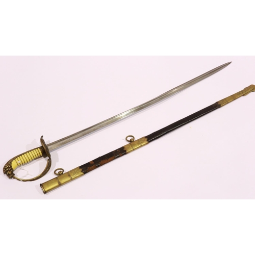 2200 - A 19th century European naval parade sword, with wired grip and brass mounted leather scabbard, no m... 