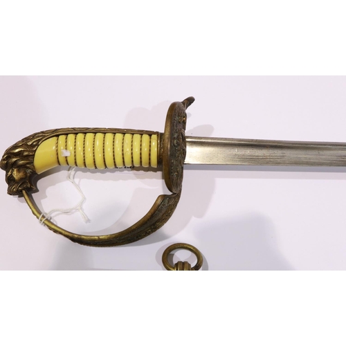 2200 - A 19th century European naval parade sword, with wired grip and brass mounted leather scabbard, no m... 