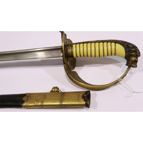 2200 - A 19th century European naval parade sword, with wired grip and brass mounted leather scabbard, no m... 