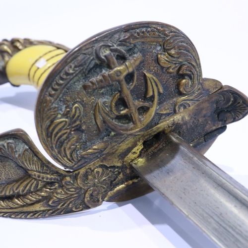 2200 - A 19th century European naval parade sword, with wired grip and brass mounted leather scabbard, no m... 