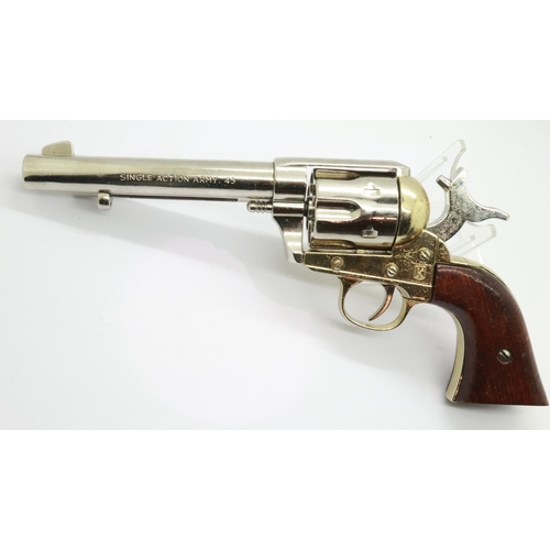 2240 - Full metal Colt single action army cap gun with 6 dummy shells. nickel and brass with wood grips. UK... 