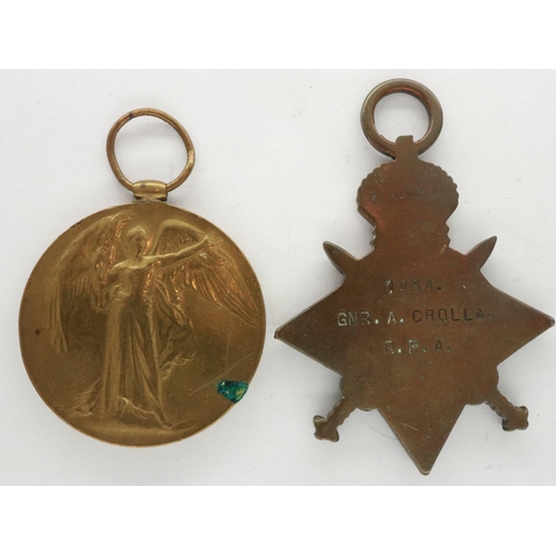 2279 - WWI Victory medal and star to 1434 Gunner A Crolla, Royal Field Artillery. UK P&P Group 1 (£16+VAT f... 