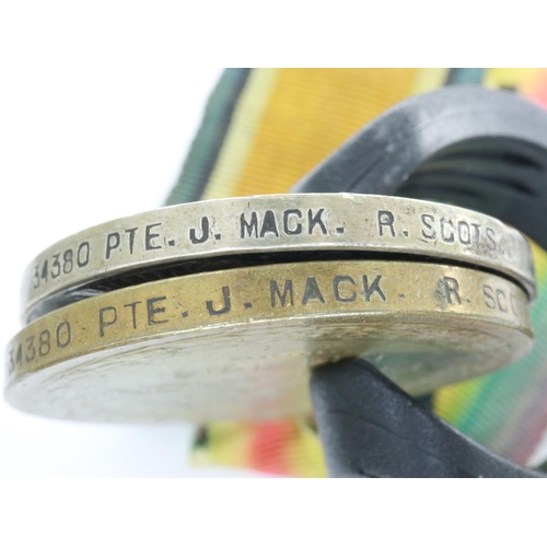 2282 - WWI medal pair to 34380 Private J Mack, Royal Scots. Mack, from Berwickshire, was KIA 3rd May 1917 d... 