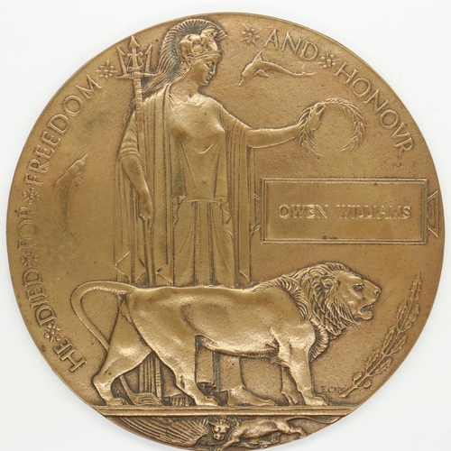 2300 - WWI bronze death plaque, named to Owen Williams. UK P&P Group 2 (£20+VAT for the first lot and £4+VA... 