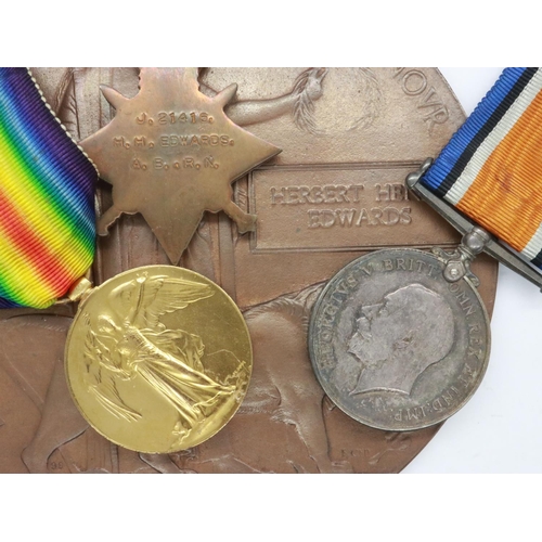 2320 - An interesting WWI Medal pair and star with death plaque to Able Seaman Herbert Edwards who started ... 