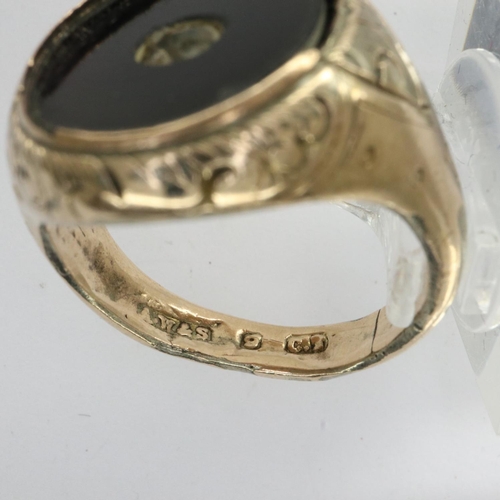 12 - Yellow metal, stamped 9ct gold, gents signet ring, size O, 4.5g, misshapen. UK P&P Group 0 (£6+VAT f... 