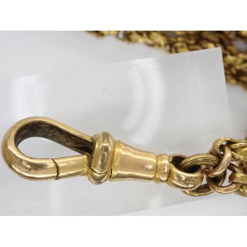 30 - Unmarked yellow metal guard chain with lobster clip, L: 134 cm, 24.8g. UK P&P Group 1 (£16+VAT for t... 