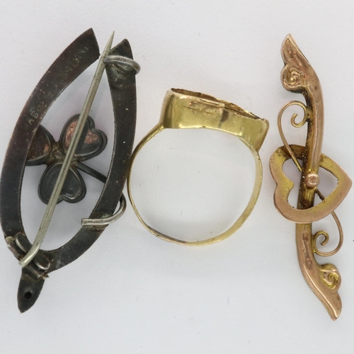 9 - Unmarked 9ct gold brooch and ring for scrap, 3.0g, and a silver brooch, largest L: 50 mm. UK P&P Gro... 