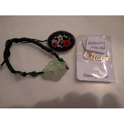 1159 - Gold plated silver pendant and chain with name Oliva a micro mosaic brooch and a jade and cord brace... 