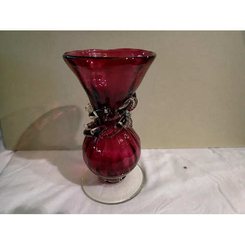 1294 - Bohemian cranberry glass vase. Not available for in-house P&P