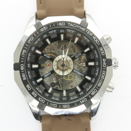 111 - Gents automatic wristwatch with skeleton movement, stainless steel case on a brown silicone strap, w... 