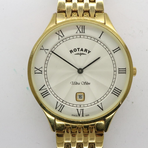 113 - ROTARY: Ultra Slim gents quartz wristwatch with date aperture, on a gold plated bracelet, working at... 