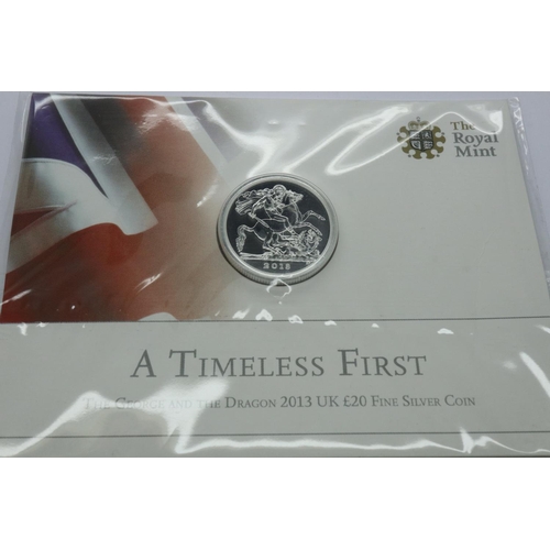 152 - Royal Mint, A Timeless First The George and The Dragon 2013, silver proof £20 coin, in sealed pack. ... 