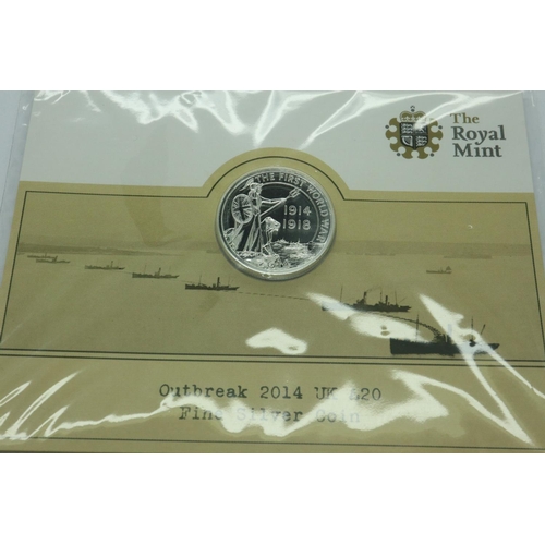 153 - 2014 silver bullion £20 coin, Outbreak of WWI centenary. UK P&P Group 0 (£6+VAT for the first lot an... 