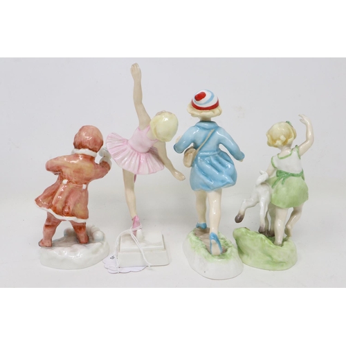 215 - Four Royal Worcester figurines, Springtime, Hometime, Ballerina, and Snowball, all modelled by Freda... 